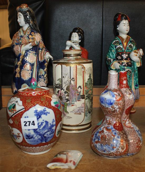 Satsuma vase, 3 Kutani figures and 2 other items of Japanese porcelain